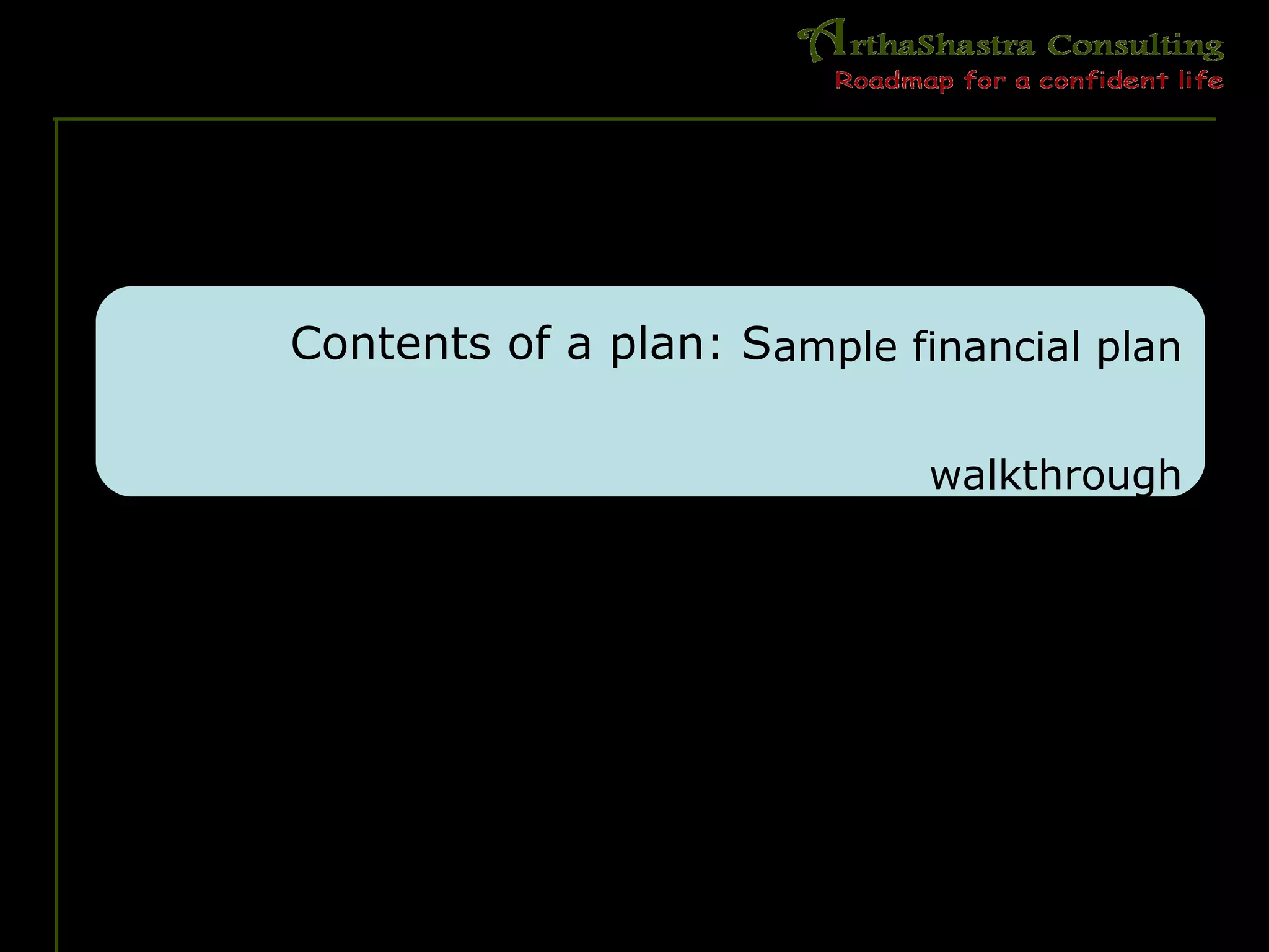 Contents of a plan: Sample financial plan
walkthrough
 