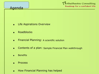 Agenda
• Life Aspirations Overview
• Roadblocks
• Financial Planning: A scientific solution
• Contents of a plan: Sample Financial Plan walkthrough
• Benefits
• Process
• How Financial Planning has helped
 