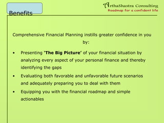 Benefits
Comprehensive Financial Planning instills greater confidence in you
by:
• Presenting ‘The Big Picture’ of your financial situation by
analyzing every aspect of your personal finance and thereby
identifying the gaps
• Evaluating both favorable and unfavorable future scenarios
and adequately preparing you to deal with them
• Equipping you with the financial roadmap and simple
actionables
 