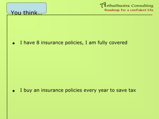 You think…
• I have 8 insurance policies, I am fully covered
• I buy an insurance policies every year to save tax
 