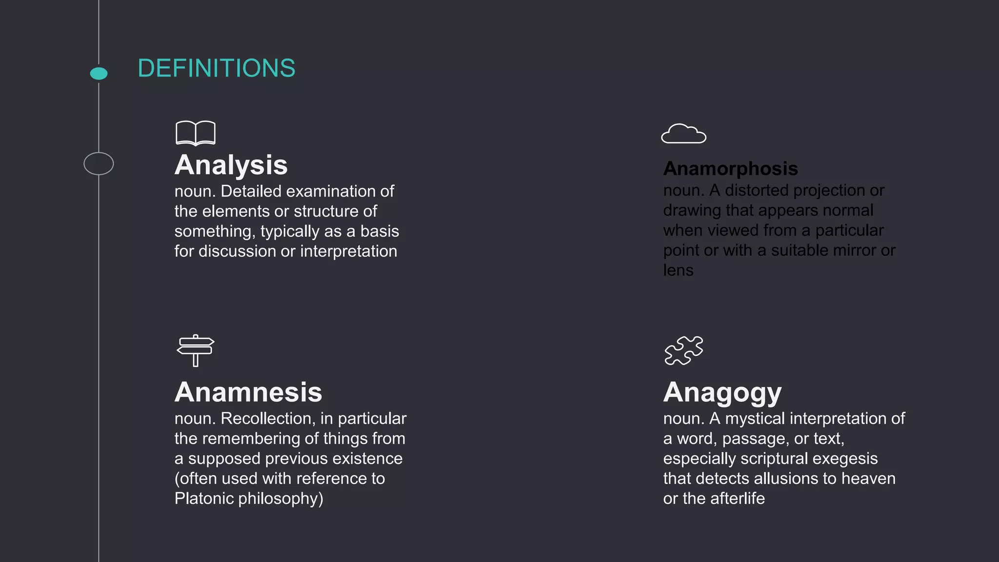 DEFINITIONS
Analysis
noun. Detailed examination of
the elements or structure of
something, typically as a basis
for discussion or interpretation
Anagogy
noun. A mystical interpretation of
a word, passage, or text,
especially scriptural exegesis
that detects allusions to heaven
or the afterlife
Anamnesis
noun. Recollection, in particular
the remembering of things from
a supposed previous existence
(often used with reference to
Platonic philosophy)
Anamorphosis
noun. A distorted projection or
drawing that appears normal
when viewed from a particular
point or with a suitable mirror or
lens
 
