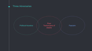 Three Adversaries
Poor
Technicians of
Desire
Political Ascetics Fascism
 