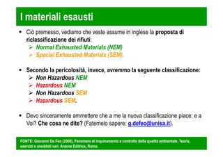 I materiali esausti 
 Ciò premesso, vediamo che veste assume in inglese la proposta di 
riclassificazione dei rifiuti: 
 Normal Exhausted Materials (NEM) 
 Special Exhausted Materials (SEM). 
 Secondo la pericolosità, invece, avremmo la seguente classificazione: 
 Non Hazardous NEM 
 Hazardous NEM 
 Non Hazardous SEM 
 Hazardous SEM. 
 Devo sinceramente ammettere che a me la nuova classificazione piace: e a 
Voi? Che cosa ne dite? (Fatemelo sapere: g.defeo@unisa.it). 
FONTE: Giovanni De Feo (2008), Fenomeni di inquinamento e controllo della qualità ambientale. Teoria, 
esercizi e aneddoti vari. Aracne Editrice, Roma. 
 