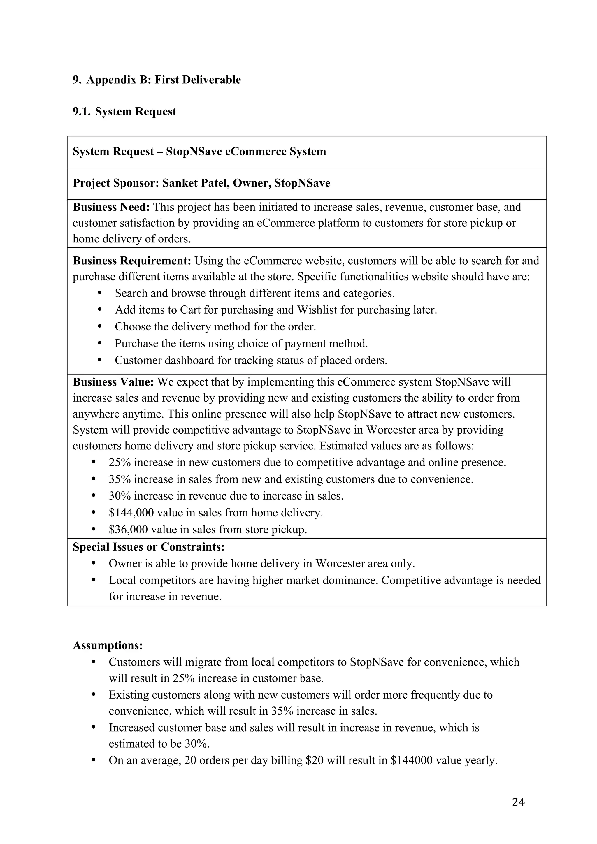 24	
9. Appendix B: First Deliverable
9.1. System Request
System Request – StopNSave eCommerce System
Project Sponsor: Sanket Patel, Owner, StopNSave
Business Need: This project has been initiated to increase sales, revenue, customer base, and
customer satisfaction by providing an eCommerce platform to customers for store pickup or
home delivery of orders.
Business Requirement: Using the eCommerce website, customers will be able to search for and
purchase different items available at the store. Specific functionalities website should have are:
• Search and browse through different items and categories.
• Add items to Cart for purchasing and Wishlist for purchasing later.
• Choose the delivery method for the order.
• Purchase the items using choice of payment method.
• Customer dashboard for tracking status of placed orders.
Business Value: We expect that by implementing this eCommerce system StopNSave will
increase sales and revenue by providing new and existing customers the ability to order from
anywhere anytime. This online presence will also help StopNSave to attract new customers.
System will provide competitive advantage to StopNSave in Worcester area by providing
customers home delivery and store pickup service. Estimated values are as follows:
• 25% increase in new customers due to competitive advantage and online presence.
• 35% increase in sales from new and existing customers due to convenience.
• 30% increase in revenue due to increase in sales.
• $144,000 value in sales from home delivery.
• $36,000 value in sales from store pickup.
Special Issues or Constraints:
• Owner is able to provide home delivery in Worcester area only.
• Local competitors are having higher market dominance. Competitive advantage is needed
for increase in revenue.
Assumptions:
• Customers will migrate from local competitors to StopNSave for convenience, which
will result in 25% increase in customer base.
• Existing customers along with new customers will order more frequently due to
convenience, which will result in 35% increase in sales.
• Increased customer base and sales will result in increase in revenue, which is
estimated to be 30%.
• On an average, 20 orders per day billing $20 will result in $144000 value yearly.
 