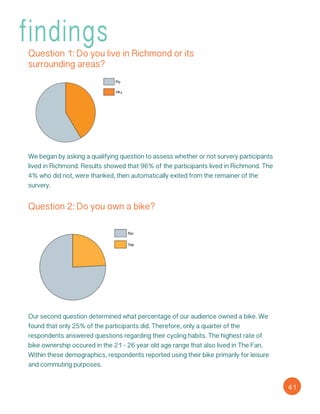 Question 1: Do you live in Richmond or its
surrounding areas?
We began by asking a qualifying question to assess whether or not survery participants
lived in Richmond. Results showed that 96% of the participants lived in Richmond. The
4% who did not, were thanked, then automatically exited from the remainer of the
survery.
Question 2: Do you own a bike?
Our second question determined what percentage of our audience owned a bike. We
found that only 25% of the participants did. Therefore, only a quarter of the
respondents answered questions regarding their cycling habits. The highest rate of
bike ownership occured in the 21 - 26 year old age range that also lived in The Fan.
Within these demographics, respondents reported using their bike primarily for leisure
and commuting purposes.
41
findings
 