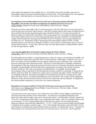 nasal capsule and opened into the nasolabial groove. In the palate, between the maxillary bones lay the
intermaxillary gland, whose ducts opened into the roof of the mouth. On the histological level, there appeared
to be neither sexual dimorphism nor seasonal differences in the structure of these glands.
Investigating Uzinurra Endosymbionts in the Scale Insect Chionaspis pinifoliae (Hemiptera:
Diaspididae): Do the Bacteria Follow the Rapid Species Radiation Found in the Insect?
Ashley Doolittle (Matthew Gruwell), Penn State Behrend, School of Science - Biology
Chionaspis pinifoliae, pine needle scale, is a wide-spread, pest scale insect that occurs on every pine species,
wherever pine trees are found in North America. Using DNA sequence data for three genes Gwiazdowskiet al.
discovered that this formerly designated single species should be divided in 10 cryptic species dispersed
between Canada, the United States, and Mexico. Our research project was to investigate evolutionary patterns
of the endosymbiotic bacteria to see if they demonstrated similar speciation tendencies. We obtained DNA
samples from Gwiazdowski, and sequenced 16S rRNA from 8 of 10 putative species groups identified by
Gwiazdowski et al. Phylogenetic analysis demonstrates that endosymbiont sequences follow a similar
speciation pattern to the host insects although 16S rRNA is not as sensitive in determining species as the loci
used for the host data set. To date, this is the first study to test the rapid evolution of endosymbionts within a
recently diverged species complex.
Assessing Mesophilic Bacteria Found in Compost during the Winter Months
Nathan Elbert (Beth Potter and Ann Quinn) Penn State Behrend, School of Science - Biology
Penn State Behrend has initiated a composting program to reduce its campus waste introduced to landfills and
produce finished compost that can then be used on campus grounds. Composting is a relatively easy way to
divert man-made waste from landfills and reuse organic material, because it ultimately relies on microbial
processes and requires little human intervention. The process of decomposition is completely mediated by
microorganisms within the compost pile and the goal of this study was to determine the identity and amount of
mesophilic and thermophilic bacteria found in the composting process during winter months of January,
February and March. This study concentrated on the identification of mesophilic and thermophilic
microorganisms that are important for the decomposition reactions essential to composting. To determine the
identity of bacteria, DNA was isolated from colonies grown on nutrient agar plates and the 16S rRNA gene
was amplified using PCR. The number and identity of the isolated bacteria will be correlated with several
biotic and abiotic factors. It is believed that differences in the maturation of the compost will be regulated by
differences within the bacterial species that are found in the compost pile and may ultimately be regulated by
the external ambient temperature as well as the core compost temperature.
Reproductive Investment and Diet of Trout-Perch (Percopsis omiscomaycus) in Lake Erie
Jarret Engstrom and Michael Foti (Edward Phillips), Gannon University, Morosky College of Health
Professions and Sciences - Biology
Trout-perch (Percopsis omiscomaycus) were collected on 6 June 2009, from the shipping channel between
Lake Erie and Presque Isle Bay in Erie, Pennsylvania. Trout-perch were weighed and measured, then
dissected to obtain gonad weights, egg counts, and stomach contents. Totalfecundity of females ranged from
179 to 745. Gonadosomatic index (GSI= ovary weight/total body weight x 100) was calculated, and the mean
was 8.0 (range: 3.2-10.8), which probably indicates that they were close to, but not at peak spawning.
Regression analysis showed that the relationship (r2
= 0.75, P < 0.001) between total fecundity and total length
is explained by the equation: number of eggs = -318 + 8.061 (length). Diet analysis showed that 86% of trout-
perch stomachs contained food, and those fish fed almost exclusively on Chironomidae larvae. The genera of
Chironomidae most commonly found in the diet were Cryptochironomus, Chironomus, and Polypedilum.
 