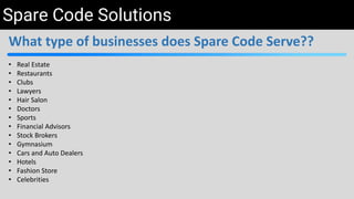 Spare Code Solutions
What type of businesses does Spare Code Serve??
• Real Estate
• Restaurants
• Clubs
• Lawyers
• Hair Salon
• Doctors
• Sports
• Financial Advisors
• Stock Brokers
• Gymnasium
• Cars and Auto Dealers
• Hotels
• Fashion Store
• Celebrities
 