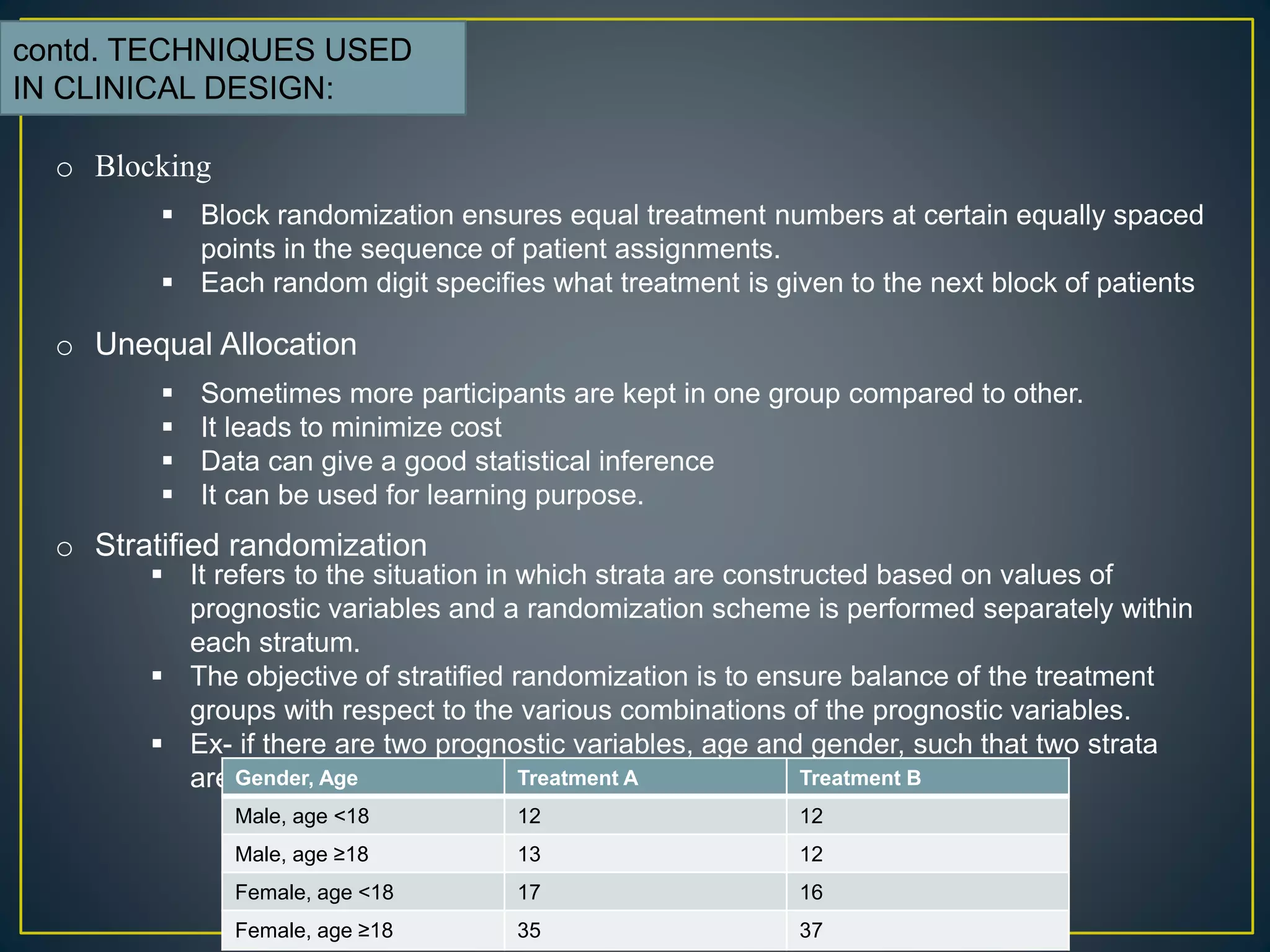 o Blocking
contd. TECHNIQUES USED
IN CLINICAL DESIGN:
 Block randomization ensures equal treatment numbers at certain equally spaced
points in the sequence of patient assignments.
 Each random digit specifies what treatment is given to the next block of patients
o Unequal Allocation
 Sometimes more participants are kept in one group compared to other.
 It leads to minimize cost
 Data can give a good statistical inference
 It can be used for learning purpose.
o Stratified randomization
 It refers to the situation in which strata are constructed based on values of
prognostic variables and a randomization scheme is performed separately within
each stratum.
 The objective of stratified randomization is to ensure balance of the treatment
groups with respect to the various combinations of the prognostic variables.
 Ex- if there are two prognostic variables, age and gender, such that two strata
are constructed:Gender, Age Treatment A Treatment B
Male, age <18 12 12
Male, age ≥18 13 12
Female, age <18 17 16
Female, age ≥18 35 37
 