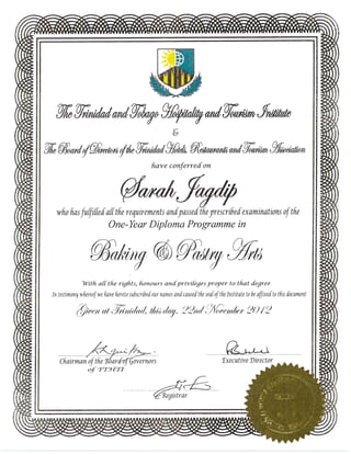 Sarah's UWI Degree and TTHTI Diploma