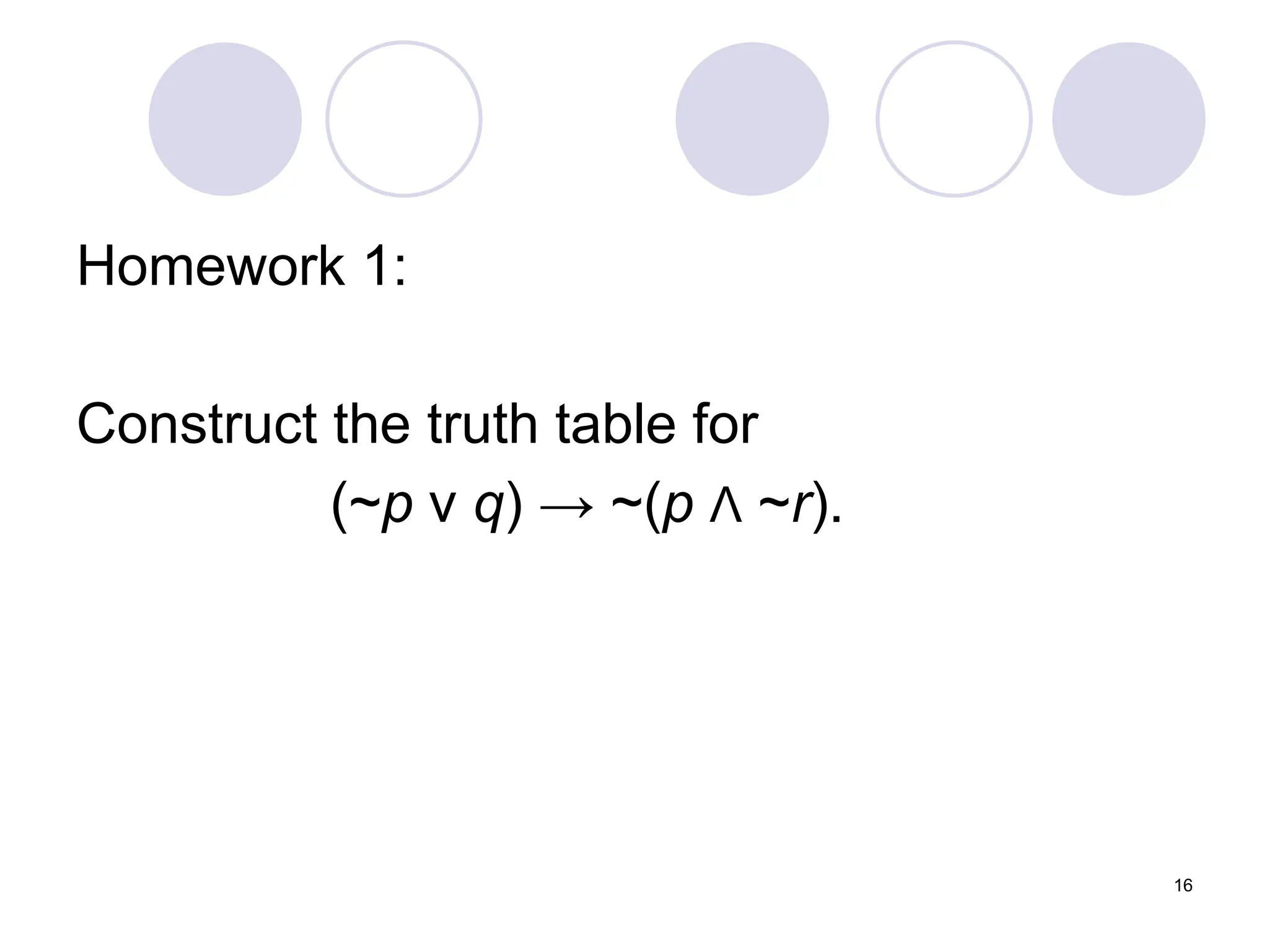 16
Homework 1:
Construct the truth table for
(~p ν q) → ~(p Λ ~r).
 