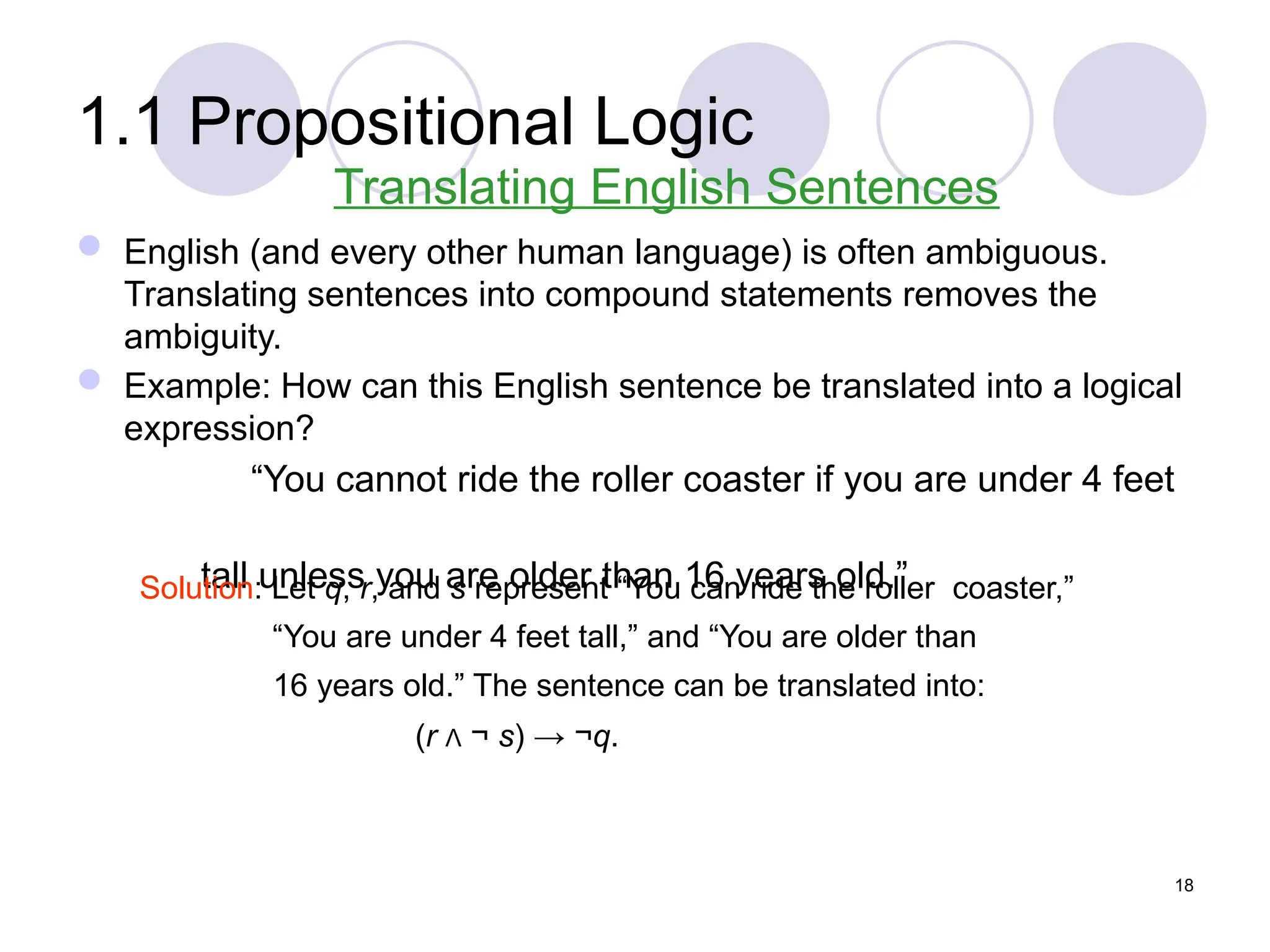 1.1 Propositional Logic
 English (and every other human language) is often ambiguous.
Translating sentences into compound statements removes the
ambiguity.
 Example: How can this English sentence be translated into a logical
expression?
“You cannot ride the roller coaster if you are under 4 feet
tall unless you are older than 16 years old.”
Translating English Sentences
Solution: Let q, r, and s represent “You can ride the roller coaster,”
“You are under 4 feet tall,” and “You are older than
16 years old.” The sentence can be translated into:
(r Λ ¬ s) → ¬q.
18
 