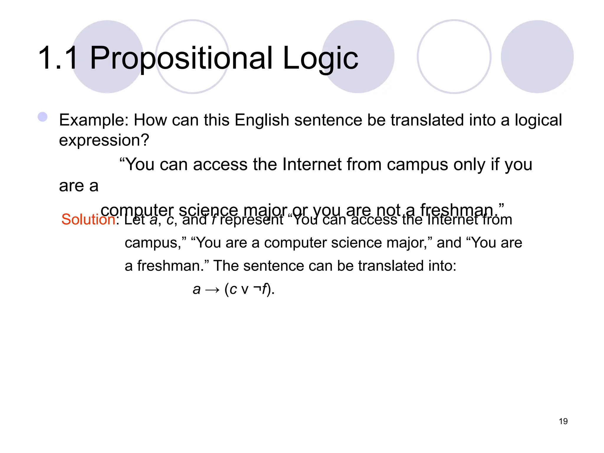 1.1 Propositional Logic
 Example: How can this English sentence be translated into a logical
expression?
“You can access the Internet from campus only if you
are a
computer science major or you are not a freshman.”
Solution: Let a, c, and f represent “You can access the Internet from
campus,” “You are a computer science major,” and “You are
a freshman.” The sentence can be translated into:
a → (c ν ¬f).
19
 