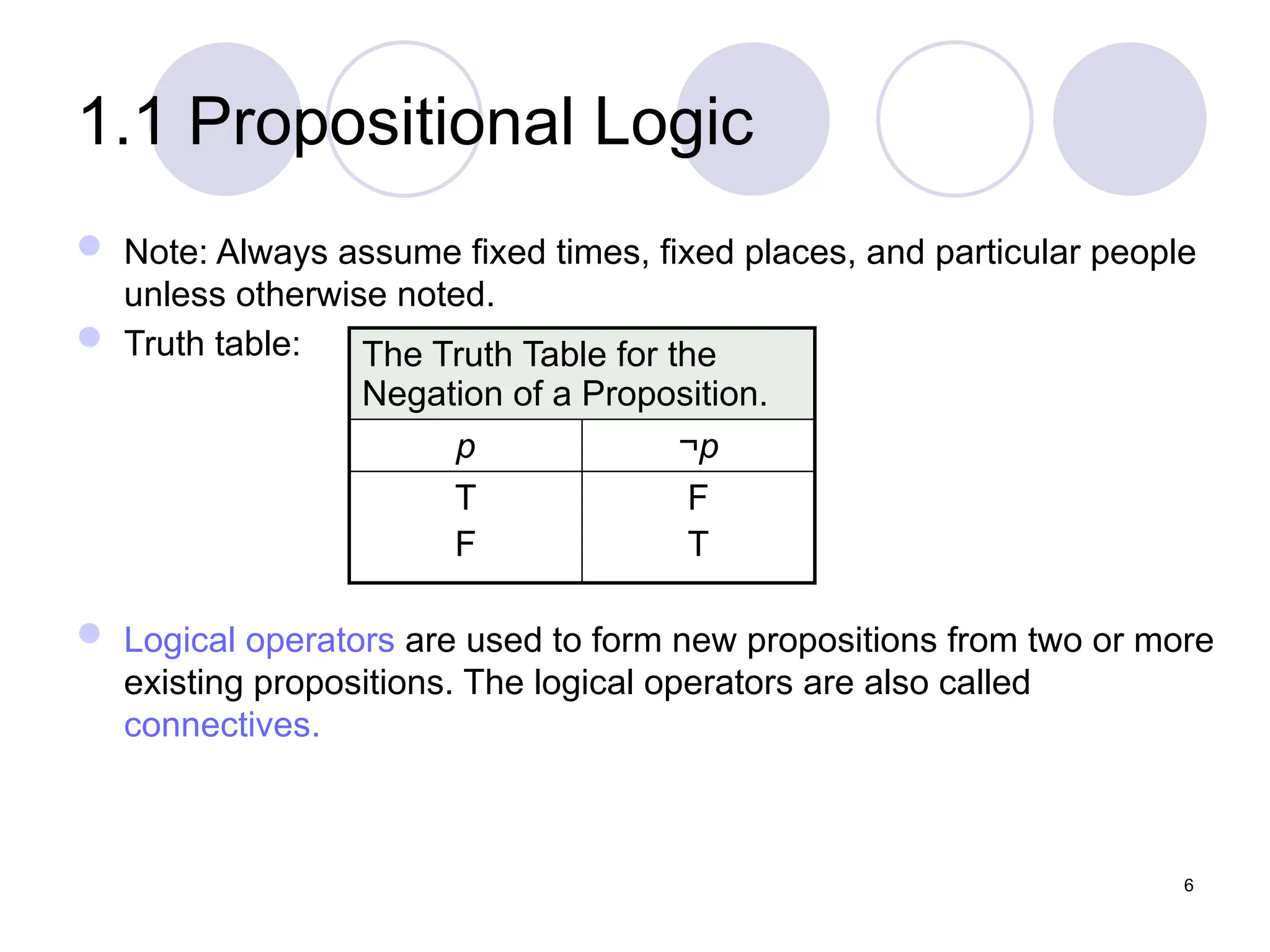 1.1 Propositional Logic
 Note: Always assume fixed times, fixed places, and particular people
unless otherwise noted.
 Truth table:
 Logical operators are used to form new propositions from two or more
existing propositions. The logical operators are also called
connectives.
The Truth Table for the
Negation of a Proposition.
p ¬p
T
F
F
T
6
 
