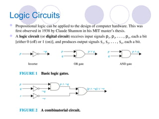28
Logic Circuits
 Propositional logic can be applied to the design of computer hardware. This was
first observed in 1938 by Claude Shannon in his MIT master’s thesis.
 A logic circuit (or digital circuit) receives input signals p1, p2, . . . , pn, each a bit
[either 0 (off) or 1 (on)], and produces output signals s1, s2, . . . , sn, each a bit.
 