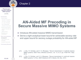 33
Physical Layer
Security in Massive
MIMO Systems
Jun Zhu
Introduction
Massive MIMO
Favorable Propagation
TDD and UL Training
DL Linear Precoding
Pilot Contamination
Hardware Impairments
Physical Layer Security
Classical Alice-Bob-Eve
Model
MIMO and AN
Motivations and
Contributions
Work Accomplished
13AN-Aided MF
Linear Data and AN
Precoding
Hardware Impairments
Concluding Remarks
ECE,UBC
Chapter 2
AN-Aided MF Precoding in
Secure Massive MIMO Systems
◮ Introduce AN-aided massive MIMO transmission
◮ Derive a tight analytical lower bound for achievable secrecy rate
and upper bound for secrecy outage probability for AN-aided MF
[J1]: J. Zhu, R. Schober, and V. K. Bhargava, “Secure transmission in multicell massive
MIMO systems,” IEEE Trans. Wireless Commun., vol. 13, no. 9, pp. 4766-4781, Sept.
2014.
[C1]: J. Zhu, R. Schober, and V. K. Bhargava, “Secure transmission in multi-cell massive
MIMO systems,” in Proc. IEEE Globecom 2013, Atlanta, GA, Dec. 2013.
 