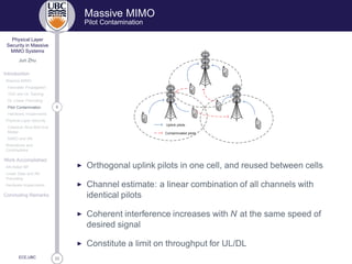 33
Physical Layer
Security in Massive
MIMO Systems
Jun Zhu
Introduction
Massive MIMO
Favorable Propagation
TDD and UL Training
DL Linear Precoding
6Pilot Contamination
Hardware Impairments
Physical Layer Security
Classical Alice-Bob-Eve
Model
MIMO and AN
Motivations and
Contributions
Work Accomplished
AN-Aided MF
Linear Data and AN
Precoding
Hardware Impairments
Concluding Remarks
ECE,UBC
Massive MIMO
Pilot Contamination
Uplink pilots
Contaminated pilots
◮ Orthogonal uplink pilots in one cell, and reused between cells
◮ Channel estimate: a linear combination of all channels with
identical pilots
◮ Coherent interference increases with N at the same speed of
desired signal
◮ Constitute a limit on throughput for UL/DL
 