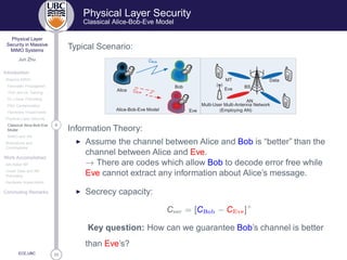 33
Physical Layer
Security in Massive
MIMO Systems
Jun Zhu
Introduction
Massive MIMO
Favorable Propagation
TDD and UL Training
DL Linear Precoding
Pilot Contamination
Hardware Impairments
Physical Layer Security
8Classical Alice-Bob-Eve
Model
MIMO and AN
Motivations and
Contributions
Work Accomplished
AN-Aided MF
Linear Data and AN
Precoding
Hardware Impairments
Concluding Remarks
ECE,UBC
Physical Layer Security
Classical Alice-Bob-Eve Model
Typical Scenario:
Alice
Bob
EveAlice-Bob-Eve Model
Multi-User Multi-Antenna Network
(Employing AN)
BSEve
MT Data
AN
CBob
CEve
Information Theory:
◮ Assume the channel between Alice and Bob is “better” than the
channel between Alice and Eve.
→ There are codes which allow Bob to decode error free while
Eve cannot extract any information about Alice’s message.
◮ Secrecy capacity:
C× 
 = [C Ó − C Ú ]+
Key question: How can we guarantee Bob’s channel is better
than Eve’s?
 