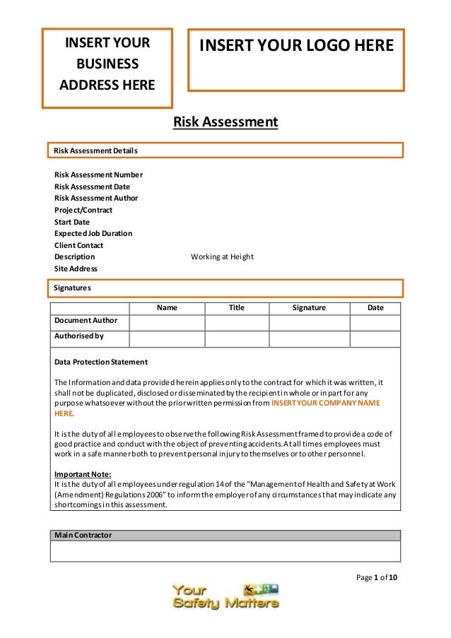 working at height risk assessment template 1 638