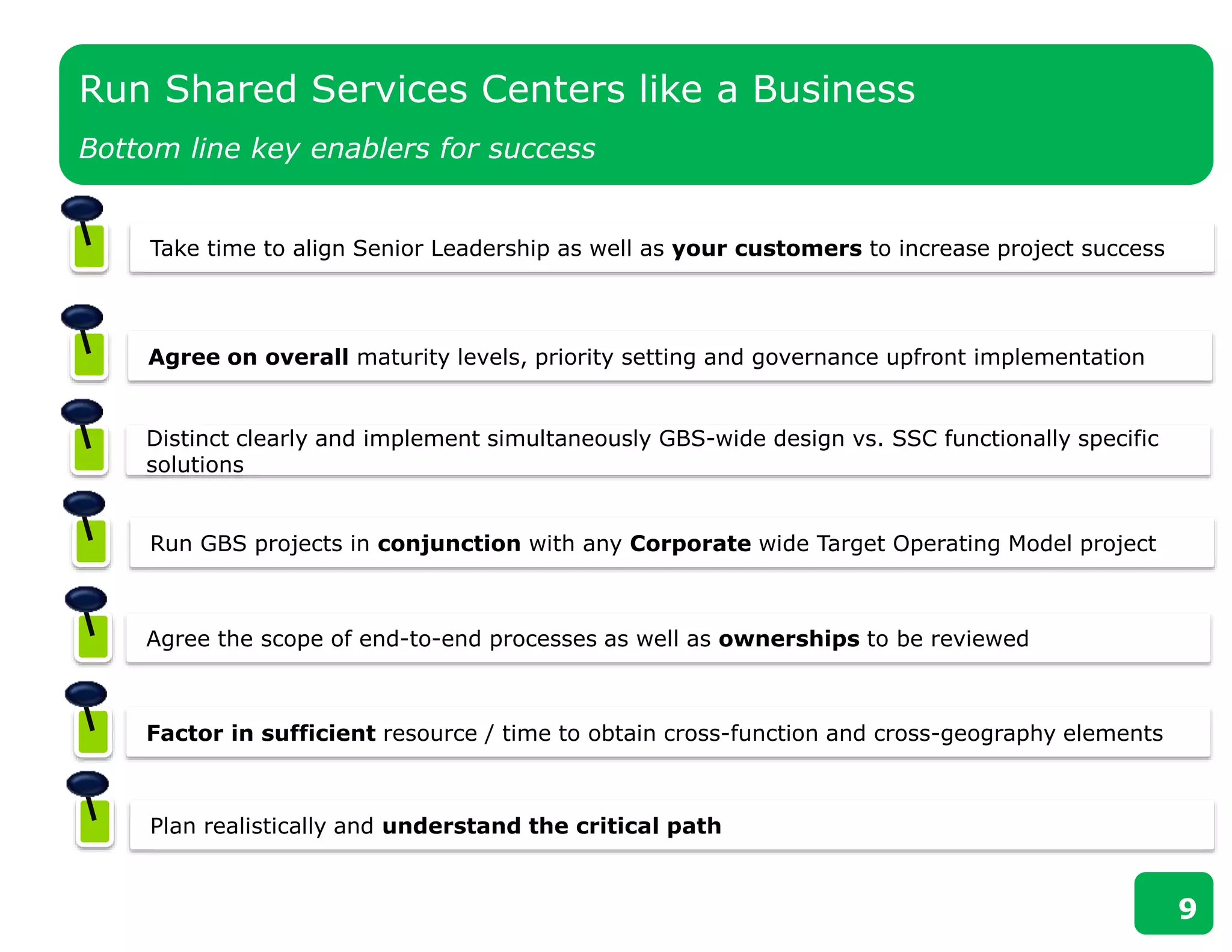 Run Shared Services Centers like a Business
Bottom line key enablers for success
Agree on overall maturity levels, priority setting and governance upfront implementation
Take time to align Senior Leadership as well as your customers to increase project success
Distinct clearly and implement simultaneously GBS-wide design vs. SSC functionally specific
solutions
Run GBS projects in conjunction with any Corporate wide Target Operating Model project
Agree the scope of end-to-end processes as well as ownerships to be reviewed
Factor in sufficient resource / time to obtain cross-function and cross-geography elements
Plan realistically and understand the critical path
9
 