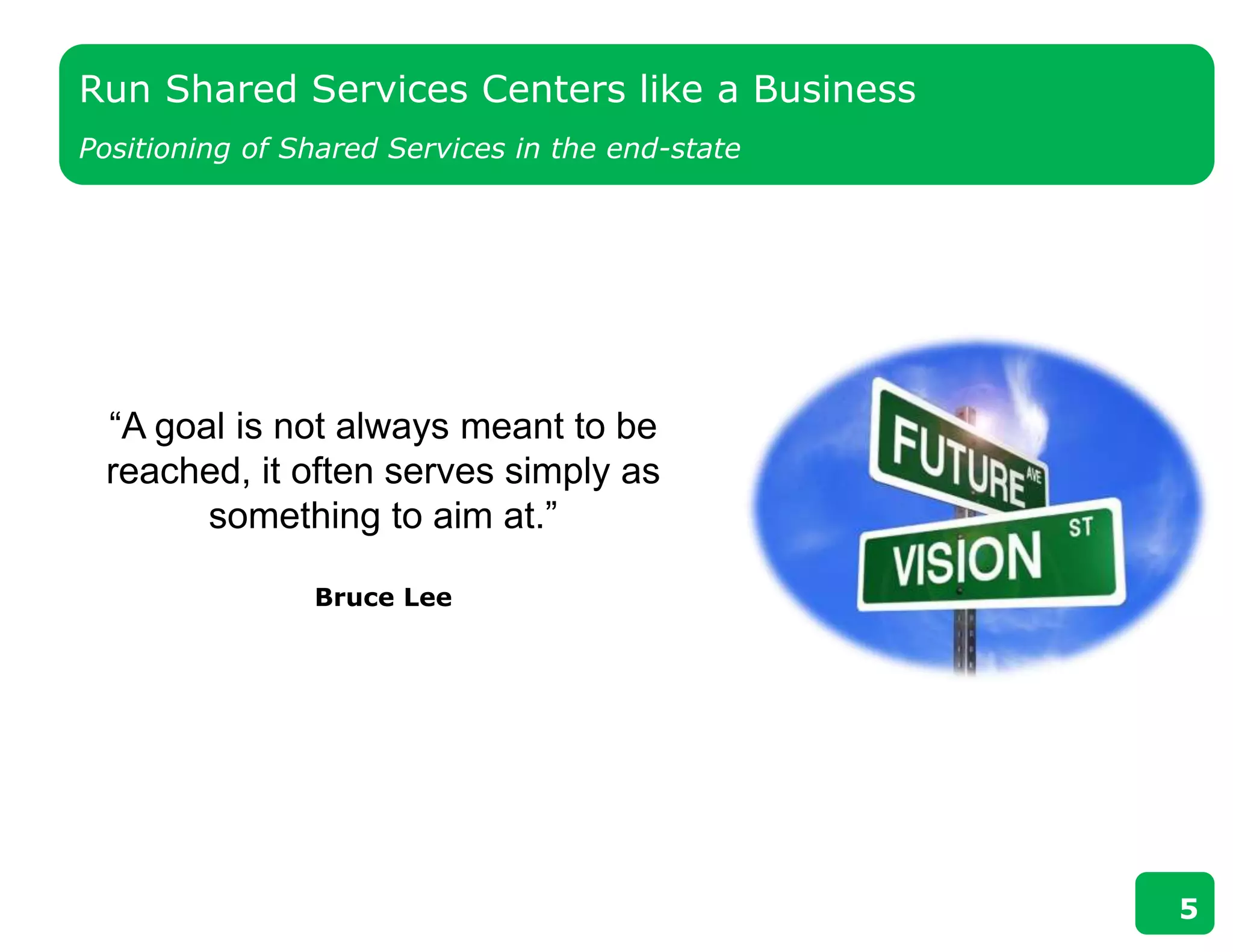 “A goal is not always meant to be
reached, it often serves simply as
something to aim at.”
Bruce Lee
Run Shared Services Centers like a Business
Positioning of Shared Services in the end-state
5
 