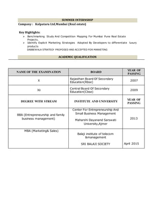 SUMMER INTERNSHIP
Company : Kalpataru Ltd,Mumbai (Real estate)
Key Highlights:
 Benchmarking Study And Competition Mapping For Mumbai Pune Real Estate
Projects.
 Identify Explicit Marketing Strategies Adopted By Developers to differentiate luxury
products
DABBEWALA STRATEGY PROPOSED AND ACCEPTED FOR MARKETING
ACADEMIC QUALIFICATION
NAME OF THE EXAMINATION BOARD
YEAR OF
PASSING
X
Rajasthan Board Of Secondary
Education(Rbse)
2007
Xii
Central Board Of Secondary
Education(Cbse)
2009
DEGREE WITH STREAM INSTITUTE AND UNIVERSITY
YEAR OF
PASSING
BBA (Entrepreneurship and family
business management)
Center For Entrepreneurship And
Small Business Management
Maharshi Dayanand Sarswati
University,Ajmer
2013
MBA (Marketing& Sales)
Balaji institute of telecom
&management
SRI BALAJI SOCIETY April 2015
 