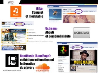 5
© 2010 af83 Tous droits réservés
iLike:
Complet
et modulable
Ustream:
Abouti
et personnalisable
RootMusic (BandPage):
esthétique et fonctionnel
Intégration
du player :
 