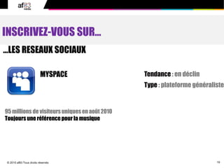 19© 2010 af83 Tous droits réservés
…LES RESEAUX SOCIAUX
INSCRIVEZ-VOUS SUR…
MYSPACE Tendance : en déclin
Type : plateforme généraliste
95 millions de visiteurs uniques en août 2010
Toujoursune référencepour la musique
 