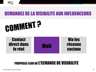35© 2010 af83 Tous droits réservés
DEMANDEZ DE LA VISIBILITE AUX INFLUENCEURS
Contact
direct dans
le réel
Mail
Via les
réseaux
sociaux
PROPOSEZ-LEUR DE L’ECHANGE DE VISIBILITE
 