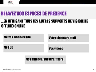 36© 2010 af83 Tous droits réservés
RELAYEZ VOS ESPACES DE PRESENCE
…EN UTILISANT TOUS LES AUTRES SUPPORTS DE VISIBILITE
OFFLINE/ONLINE
Votre carte de visite Votre signature mail
Vos CD Vos vidéos
Vos affiches/stickers/flyers
 