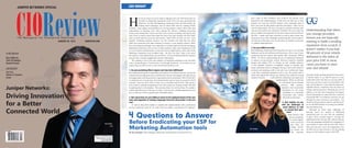 | |January 2015
1CIOReview
CIOREVIEW.COMJANUARY 09 - 2015
T h e N a v i g a t o r f o r E n t e r p r i s e S o l u t i o n s
JUNIPER NETWORKs sPECIAL
Rami Rahim,
CEO
Juniper Networks:
Driving Innovation
for a Better
Connected World
InMyOpinion
Marc Wilkinson,
Chief Technologist,
Hewlett-Packard
CXOINSIGHT
Paul Kish,
Director of Systems,
Belden
| |January 2015
20CIOReview
4 Questions to Answer
Before Eradicating your ESP for
Marketing Automation tools
By Kara Douglas, Senior Manager, Marketing Communications at JustAnswer LLC
H
ow do you know if you are ready to upgrade from your ESP (Email Service
Provider) to Marketing Automation tools? First you must understand the
difference; An ESP and Marketing Automation tools are both vehicles for
sending email campaigns, most of which offer tools for creating HTML
templates, most support personalization & serving dynamic content. Most offer data
segmentation & reporting tools. Most manage the delivery, including processing
bounces and unsubscribes. Some even offer sexier features including, learning the best
time of day to send an email based upon the time of day that recipient will most likely
open an email based on previous open history. Some ESP's say they are now “cross
channel” marketing solutions, however very few actually were built that way. Most
ESP's have partnered with other solutions to become a cross-channel solution. While
this is becoming increasingly more important to send personalized relevant messaging,
Marketing Automation tools are here to help marketer’s take email marketing as well
as cross channel communications to the next level of sophistication. With some of the
Marketing Automation tools available today - the sky's the limit. There is no end to
the creativity and sophistication you can achieve. You can build personalized customer
journeys thus creating strengthened customer relationships.
My company is one of the early adopters of marketing automation tools and while
I am a strong advocate, I learned quite a bit through the process. If you think you are
outgrowing your ESP, be sure to ask yourself these questions first:
1. Do your marketing efforts require real time data fulfillment?
My company had a specific requirement to be able to access data in real time. Not just for
transactional messaging but also to send the most relevant messaging at the right time by
leveraging behavioral data points for segmentation & personalization. Most of the ESP’s
we looked at were moving away from hosted models and moving to be primarily SAAS
solutions. They may have API’s to allow you to send data back & forth. That can be a
heavy load on a database depending on how often scripts are running to make API calls
& updating back to the database. This presents delays for real time data. We needed a
solution that allowed us to host our own data. If you can live with data updating once per
day, an ESP may still be a good & more affordable option.
2. How much time are you willing to invest in the implementation of the new
tools and migration of existing campaigns from the old provider to the new
one?
It took us about three months to complete the implementation with a professional
services contractor onsite for six weeks from our vendor, a mixed bag of 12 engineers
CXO INSIGHT
| |January 2015
21CIOReview
and a team of three marketers who would be the primary users
dedicated to the implementation. It then took one full year to fully
migrate over from our old ESP solution, with a dedicated team of
three users and one DB architect and three developers. There was no
time for optimization. We were carrying two separate contracts with
each provider (old & new) during the transition. We were under the
gun to complete the migration by the next contract renewal with our
old ESP. I spoke with many references as well as other clients who
faced many of our same challenges and hearing their stories made us
feel like one of the lucky ones. It took others six months or more just
to complete implementation.
3. Are you staffed correctly?
Most Marketing Automation tools boast they are easy to use, and that
Marketers can be self-sufficient with their tools. This is true, if your
marketing team has skillsets that include: SQL, JavaScript, XML&
HTML. As well as understanding the use of conditional statements
to support serving dynamic content. Between responsive template
designs and coding CSS, to coming up with scalable solutions
to have multiple variations of templates unique to recipient data
points, marketing roles are changing. Having a team with a blend of
technical and marketing skills is the only way to effectively begin
to put those marketing automation tools to use. We quickly had to
make some adjustments and get our marketers the technical training
needed to become a self-sufficient marketing team again post
implementation. While we still rely
on a shortened list of technical
resources (DB architect,
operations and occasionally
developers) we can create
campaigns in a reasonable
turnaround time without
their help on most days.
4. How familiar are you
with the challenges of
email delivery as well
as current best prac-
tices?
Email delivery best
practices should not
be treated lightly.
Understanding
that when you
change provid-
ers means you
are basically
starting to build a sending reputation from scratch.
It doesn't matter if you had 98 percent of your
emails delivered to the inbox at your prior ESP, in
most cases you have to start over and rebuild. This
takes time & patience. It also takes having knowl-
edgeable delivery consultants who can advise on
strategy and best practices. Warming up a new IP
address is not only time consuming, but impacts
former benchmarks for open/click rates, and most
importantly ROI. It’s temporary and once you get
through the warm up process successfully - you
should see things begin to improve and shortly af-
ter see the ROI benefits of investing into Market-
ing Automation tools.
Although we faced many challenges &
learning curves by moving to Marketing
Automation tools, we now have the foundation
in place. We've recently begun to leverage the
sophistication the tools can offer, optimized many
of our old campaigns and build new campaigns we
were unable to create with our prior ESP. After a
little over one year, we are now beginning to see
the ROI and we look forward to all the exciting
things we will be able to create in 2015.
Understanding that when
you change providers
means you are basically
starting to build a sending
reputation from scratch. It
doesn't matter if you had
98 percent of your emails
delivered to the inbox at
your prior ESP, in most
cases you have to start
over and rebuild
Kara Douglas
"
 