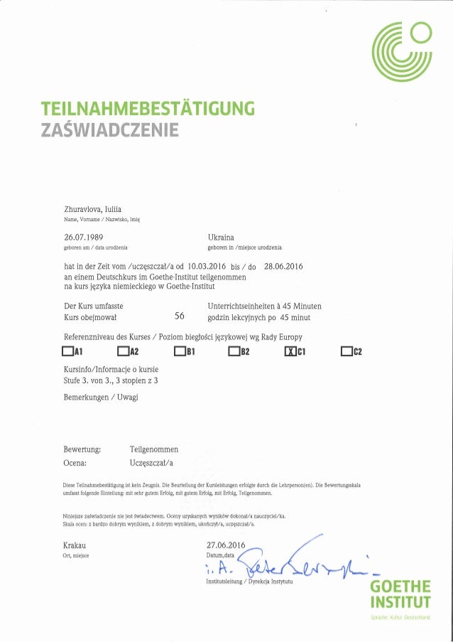 Goethe Institut Deutsch Zertifikat