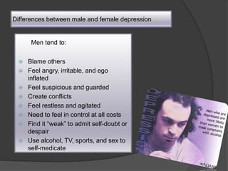 Differences between male and female depression 
Men tend to: 
 Blame others 
 Feel angry, irritable, and ego 
inflated 
 Feel suspicious and guarded 
 Create conflicts 
 Feel restless and agitated 
 Need to feel in control at all costs 
 Find it “weak” to admit self-doubt or 
despair 
 Use alcohol, TV, sports, and sex to 
self-medicate 
 