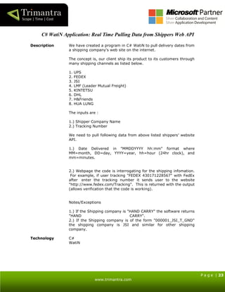 P a g e | 23
www.trimantra.com
C# WatiN Application: Real Time Pulling Data from Shippers Web API
Description We have created a program in C# WatiN to pull delivery dates from
a shipping company's web site on the internet.
The concept is, our client ship its product to its customers through
many shipping channels as listed below.
1. UPS
2. FEDEX
3. JSI
4. LMF (Leader Mutual Freight)
5. KINTETSU
6. DHL
7. H&Friends
8. HUA LUNG
The inputs are :
1.) Shipper Company Name
2.) Tracking Number
We need to pull following data from above listed shippers’ website
API.
1.) Date Delivered in "MMDDYYYY hh:mm" format where
MM=month, DD=day, YYYY=year, hh=hour (24hr clock), and
mm=minutes.
2.) Webpage the code is interrogating for the shipping infomation.
For example, if user tracking "FEDEX 430171228567" with FedEx
after enter the tracking number it sends user to the website
"http://www.fedex.com/Tracking". This is returned with the output
(allows verification that the code is working).
Notes/Exceptions
1.) If the Shipping company is "HAND CARRY" the software returns
"HAND CARRY".
2.) If the Shipping company is of the form "000001_JSI_T_GND"
the shipping company is JSI and similar for other shipping
company.
Technology C#
WatiN
 