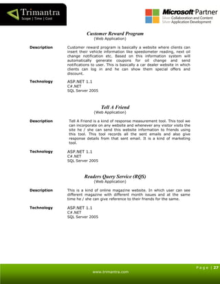 P a g e | 27
www.trimantra.com
Customer Reward Program
(Web Application)
Description Customer reward program is basically a website where clients can
insert their vehicle information like speedometer reading, next oil
change notification etc. Based on this information system will
automatically generate coupons for oil change and send
notifications to user. This is basically a car dealer website in which
clients can log in and he can show them special offers and
discount.
Technology ASP.NET 1.1
C#.NET
SQL Server 2005
Tell A Friend
(Web Application)
Description Tell A Friend is a kind of response measurement tool. This tool we
can incorporate on any website and whenever any visitor visits the
site he / she can send this website information to friends using
this tool. This tool records all the sent emails and also give
response details from that sent email. It is a kind of marketing
tool.
Technology ASP.NET 1.1
C#.NET
SQL Server 2005
Readers Query Service (RQS)
(Web Application)
Description This is a kind of online magazine website. In which user can see
different magazine with different month issues and at the same
time he / she can give reference to their friends for the same.
Technology ASP.NET 1.1
C#.NET
SQL Server 2005
 
