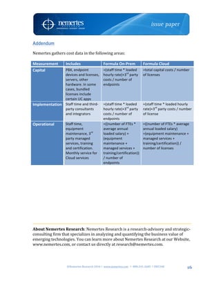 ©Nemertes	Research	2016!	www.nemertes.com		!	888-241-2685	!DN5348	
	
16
Addendum
Nemertes	gathers	cost	data	in	the	following	areas:	
	
Measurement	 Includes	 Formula	On-Prem	 Formula	Cloud	
Capital	 PBX,	endpoint	
devices	and	licenses,	
servers,	other	
hardware.	In	some	
cases,	bundled	
licenses	include	
certain	UC	apps	
=(staff	time	*	loaded	
hourly	rate)+3rd
	party	
costs	/	number	of	
endpoints	
	
=total	capital	costs	/	number	
of	licenses	
Implementation	 Staff	time	and	third-
party	consultants	
and	integrators	
	
=(staff	time	*	loaded	
hourly	rate)+3rd
	party	
costs	/	number	of	
endpoints	
=(staff	time	*	loaded	hourly	
rate)+3rd
	party	costs	/	number	
of	license	
Operational	 Staff	time,	
equipment	
maintenance,	3rd
	
party	managed	
services,	training	
and	certification.	
Monthly	service	for	
Cloud	services	
=((number	of	FTEs	*	
average	annual	
loaded	salary)	+	
(equipment	
maintenance	+	
managed	services	+	
training/certification))	
/	number	of	
endpoints	
=((number	of	FTEs	*	average	
annual	loaded	salary)	
+(equipment	maintenance	+	
managed	services	+	
training/certification))	/	
number	of	licenses	
	
	
	
	
	
	
	
	
	
	
	
	
About	Nemertes	Research:	Nemertes	Research	is	a	research-advisory	and	strategic-
consulting	firm	that	specializes	in	analyzing	and	quantifying	the	business	value	of	
emerging	technologies.	You	can	learn	more	about	Nemertes	Research	at	our	Website,	
www.nemertes.com,	or	contact	us	directly	at	research@nemertes.com.	
	
 