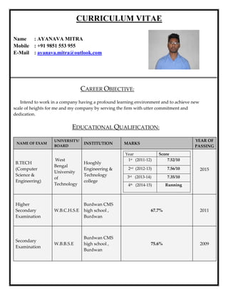 CURRICULUM VITAE
Name : AYANAVA MITRA
Mobile : +91 9851 553 955
E-Mail : ayanava.mitra@outlook.com
CAREER OBJECTIVE:
Intend to work in a company having a profound learning environment and to achieve new
scale of heights for me and my company by serving the firm with utter commitment and
dedication.
EDUCATIONAL QUALIFICATION:
NAME OF EXAM
UNIVERSITY/
BOARD
INSTITUTION MARKS
YEAR OF
PASSING
B.TECH
(Computer
Science &
Engineering)
West
Bengal
University
of
Technology
Hooghly
Engineering &
Technology
college
Year Score
1st (2011-12) 7.52/10
2nd (2012-13) 7.56/10
3rd (2013-14) 7.35/10
4th (2014-15) Running
2015
Higher
Secondary
Examination
W.B.C.H.S.E
Burdwan CMS
high school ,
Burdwan
67.7% 2011
Secondary
Examination
W.B.B.S.E
Burdwan CMS
high school ,
Burdwan
75.6% 2009
 