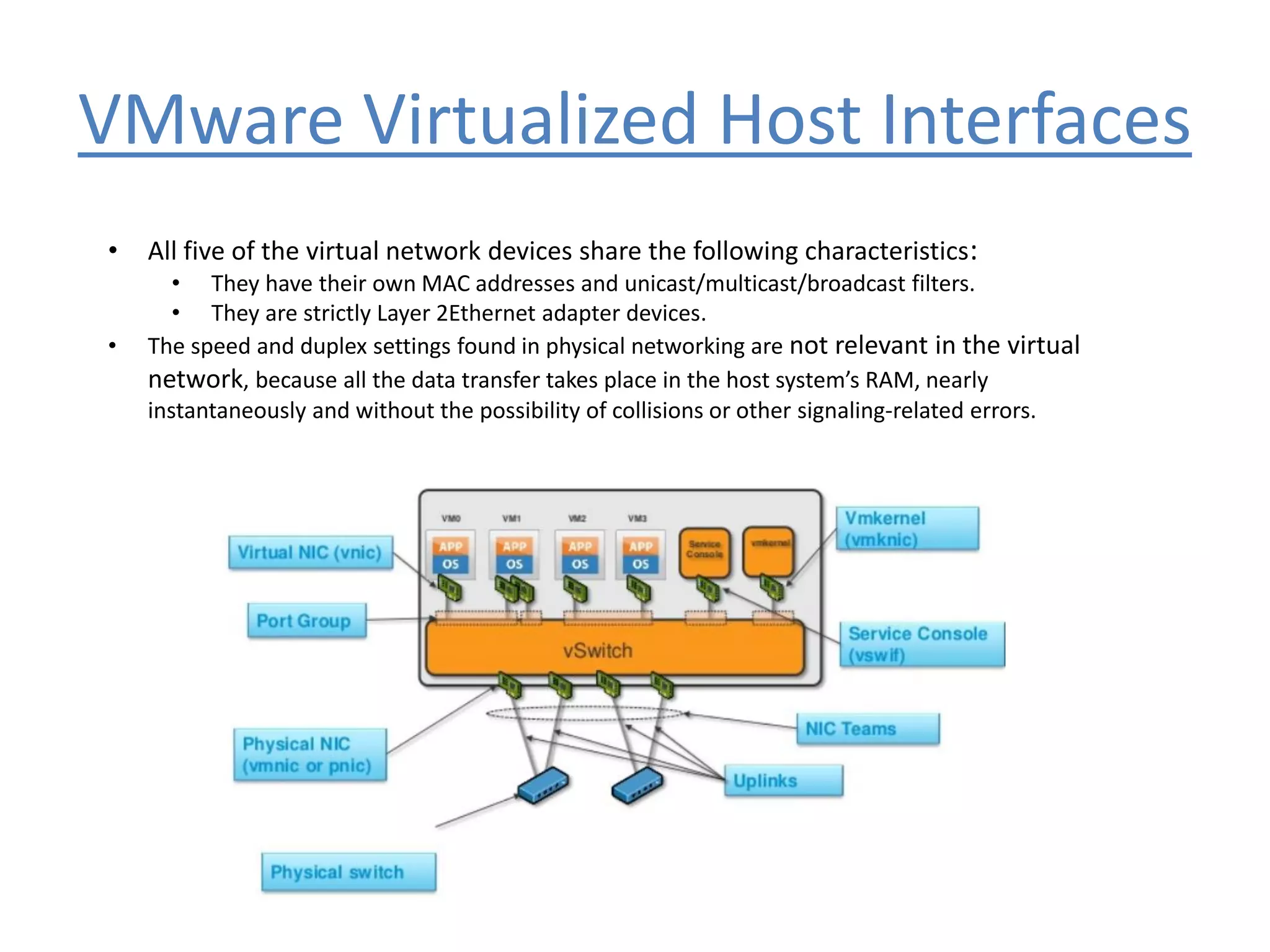 VMware Virtualized Host Interfaces
• All five of the virtual network devices share the following characteristics:
• They have their own MAC addresses and unicast/multicast/broadcast filters.
• They are strictly Layer 2Ethernet adapter devices.
• The speed and duplex settings found in physical networking are not relevant in the virtual
network, because all the data transfer takes place in the host system’s RAM, nearly
instantaneously and without the possibility of collisions or other signaling-related errors.
 