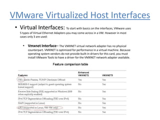 VMware Virtualized Host Interfaces
• Virtual Interfaces: To start with basics on the interfaces, VMware uses
5 types of Virtual Ethernet Adapters you may come across in a VM. However in most
cases only 3 are used:
• Vmxnet Interface– The VMXNET virtual network adapter has no physical
counterpart. VMXNET is optimized for performance in a virtual machine. Because
operating system vendors do not provide built-in drivers for this card, you must
install VMware Tools to have a driver for the VMXNET network adapter available.
 