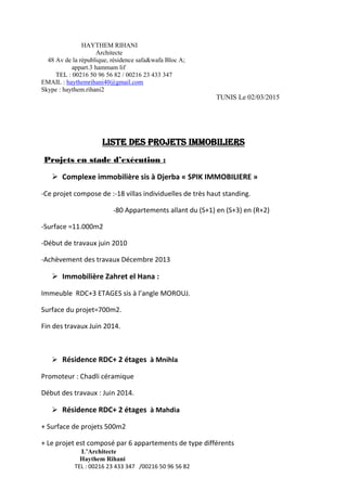L’Architecte
Haythem Rihani
TEL : 00216 23 433 347 /00216 50 96 56 82
HAYTHEM RIHANI
Architecte
48 Av de la république, résidence safa&wafa Bloc A;
appart.3 hammam lif
TEL : 00216 50 96 56 82 / 00216 23 433 347
EMAIL : haythemrihani40@gmail.com
Skype : haythem.rihani2
TUNIS Le 02/03/2015
Liste des projets immobiliers
Projets en stade d’exécution :
 Complexe immobilière sis à Djerba « SPIK IMMOBILIERE »
-Ce projet compose de :-18 villas individuelles de très haut standing.
-80 Appartements allant du (S+1) en (S+3) en (R+2)
-Surface =11.000m2
-Début de travaux juin 2010
-Achèvement des travaux Décembre 2013
 Immobilière Zahret el Hana :
Immeuble RDC+3 ETAGES sis à l’angle MOROUJ.
Surface du projet=700m2.
Fin des travaux Juin 2014.
 Résidence RDC+ 2 étages à Mnihla
Promoteur : Chadli céramique
Début des travaux : Juin 2014.
 Résidence RDC+ 2 étages à Mahdia
+ Surface de projets 500m2
+ Le projet est composé par 6 appartements de type différents
 