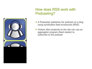 How does RSS work with Podcasting? A Podcaster publishes her podcast on a blog using syndication feed enclosures (RSS) Visitors (like students) to the site can use an aggregator program (feed reader) to subscribe to the podcast 