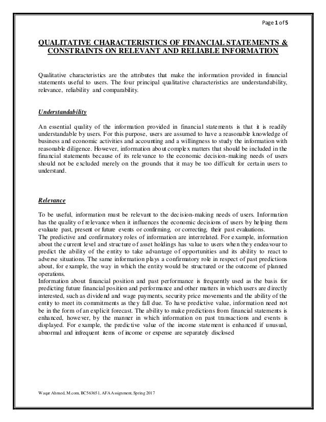 QUALITATIVE CHARACTERISTICS OF FINANCIAL STATEMENTS CONSTRAINTS ON