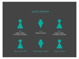 QUEM SOMOS?




        Rita                    José                  Sara
   Design Gráfico          Design Industrial      Design Gráfico
Animação e Ilustração                          Animação e Ilustração




Maria João Félix        Pedro Mota Teixeira      Paula Tavares
 