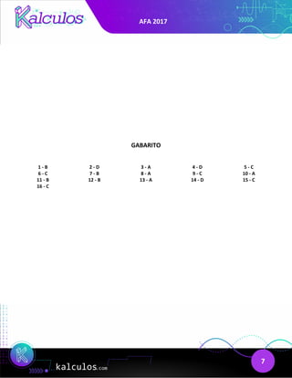AFA 2017
7
GABARITO
1 - B 2 - D 3 - A 4 - D 5 - C
6 - C 7 - B 8 - A 9 - C 10 - A
11 - B 12 - B 13 - A 14 - D 15 - C
16 - C
 