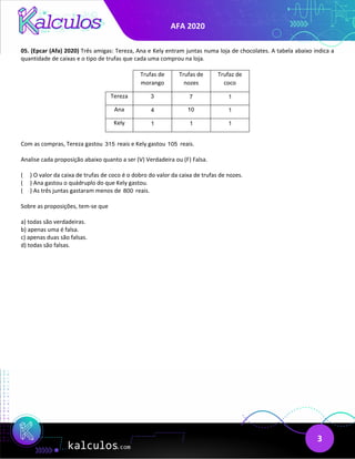 AFA 2020
3
05. (Epcar (Afa) 2020) Três amigas: Tereza, Ana e Kely entram juntas numa loja de chocolates. A tabela abaixo indica a
quantidade de caixas e o tipo de trufas que cada uma comprou na loja.
Trufas de
morango
Trufas de
nozes
Trufaz de
coco
Tereza 3 7 1
Ana 4 10 1
Kely 1 1 1
Com as compras, Tereza gastou 315 reais e Kely gastou 105 reais.
Analise cada proposição abaixo quanto a ser (V) Verdadeira ou (F) Falsa.
( ) O valor da caixa de trufas de coco é o dobro do valor da caixa de trufas de nozes.
( ) Ana gastou o quádruplo do que Kely gastou.
( ) As três juntas gastaram menos de 800 reais.
Sobre as proposições, tem-se que
a) todas são verdadeiras.
b) apenas uma é falsa.
c) apenas duas são falsas.
d) todas são falsas.
 