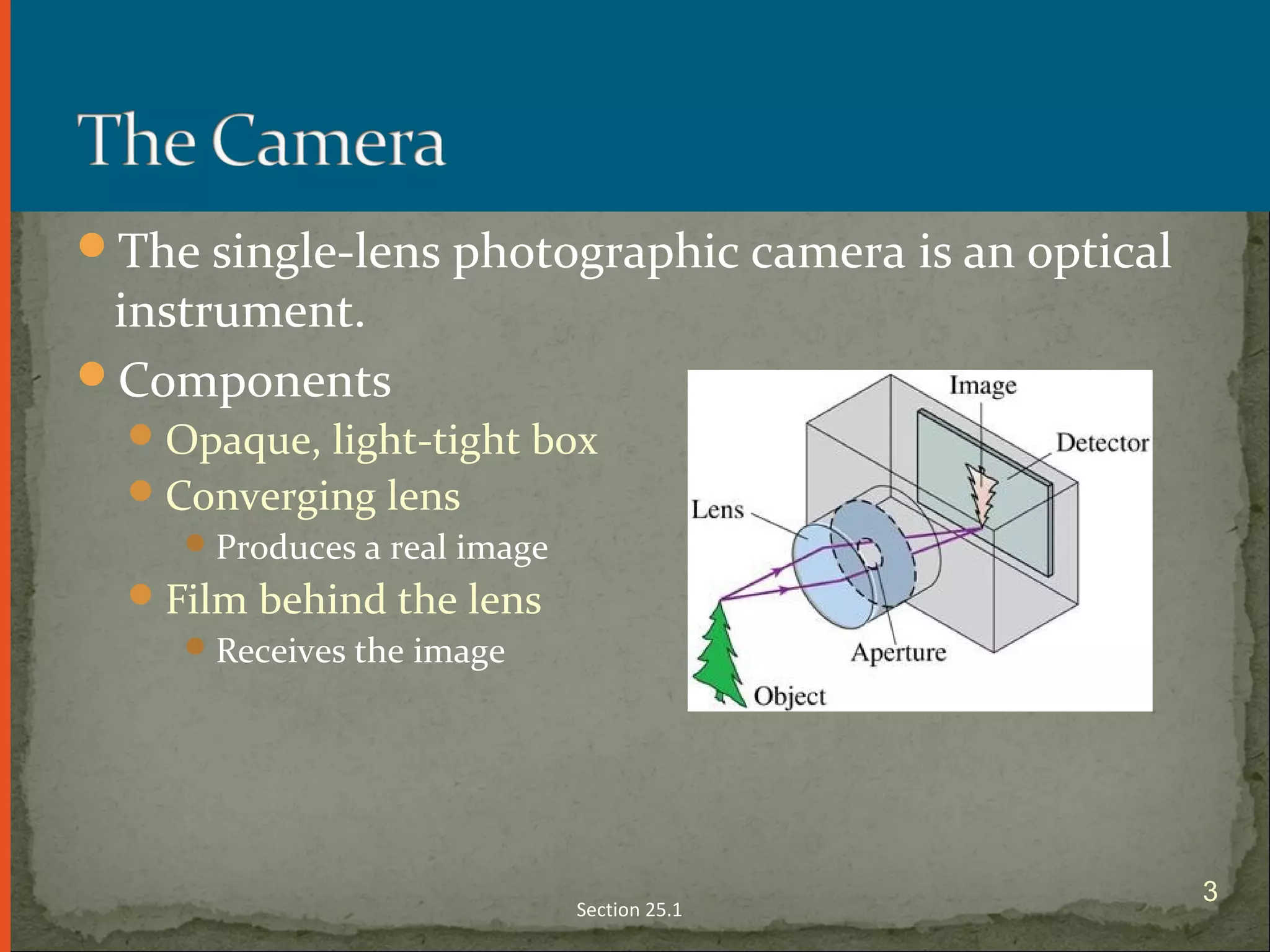The single-lens photographic camera is an optical
instrument.
Components
Opaque, light-tight box
Converging lens
Produces a real image
Film behind the lens
Receives the image
Section 25.1
3
 
