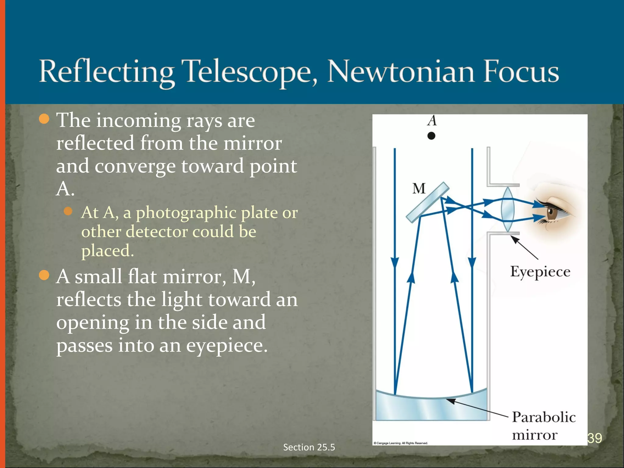 The incoming rays are
reflected from the mirror
and converge toward point
A.
 At A, a photographic plate or
other detector could be
placed.
A small flat mirror, M,
reflects the light toward an
opening in the side and
passes into an eyepiece.
Section 25.5
39
 