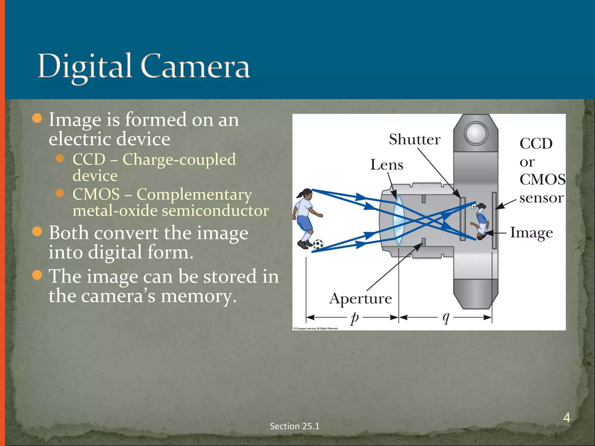 Image is formed on an
electric device
 CCD – Charge-coupled
device
 CMOS – Complementary
metal-oxide semiconductor
Both convert the image
into digital form.
The image can be stored in
the camera’s memory.
Section 25.1
4
 