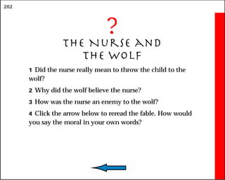202
?
The Nurse and
the Wolf
1 Did the nurse really mean to throw the child to the
wolf?
2 Why did the wolf believe the nurse?
3 How was the nurse an enemy to the wolf?
4 Click the arrow below to reread the fable. How would
you say the moral in your own words?
 