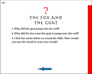 238
?
The Fox and
the Goat
1 Why did the goat jump into the well?
2 Why did the fox want the goat to jump into the well?
3 Click the arrow below to reread the fable. How would
you say the moral in your own words?
 