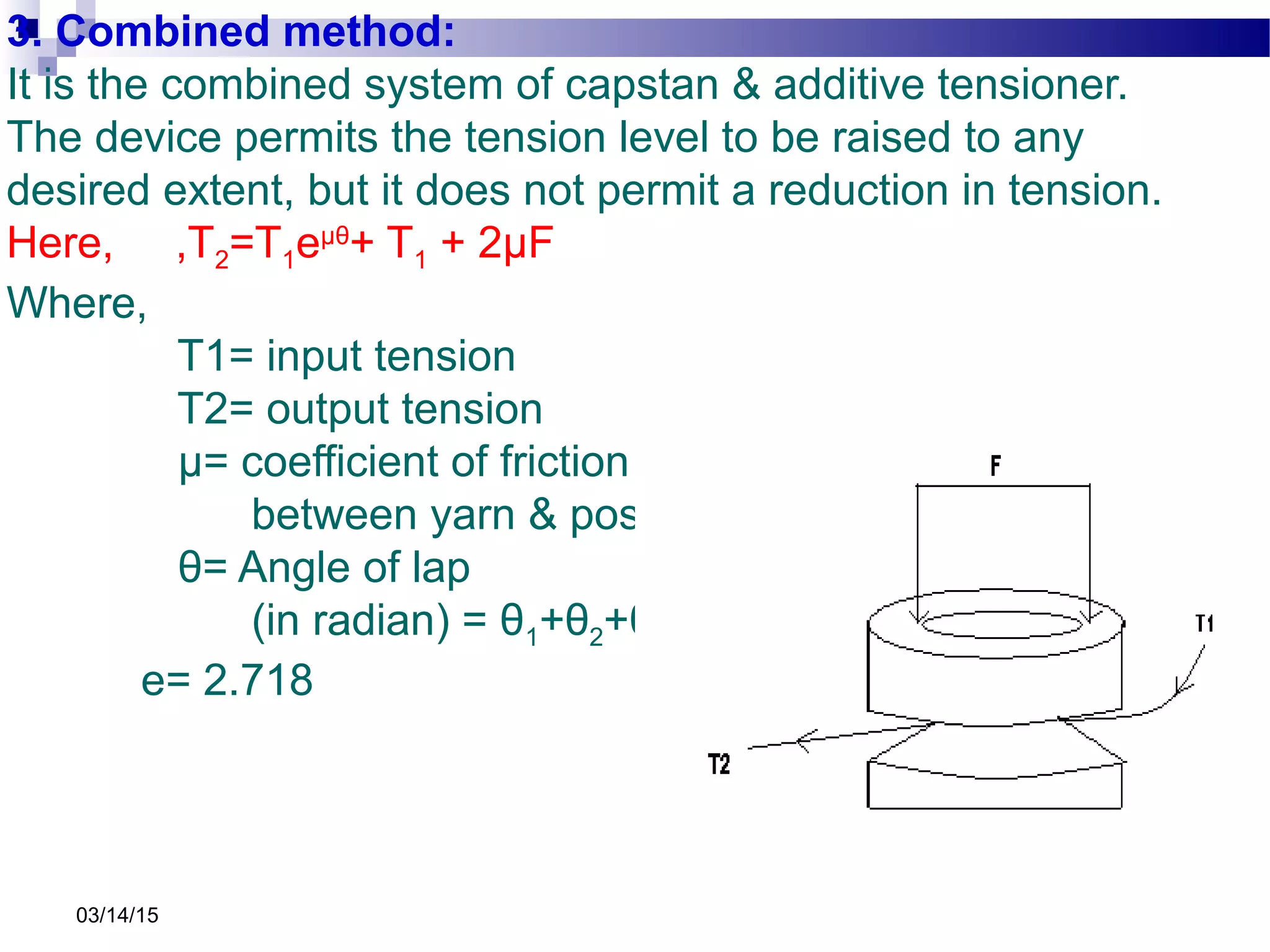 03/14/15
3. Combined method:
It is the combined system of capstan & additive tensioner.
The device permits the tension level to be raised to any
desired extent, but it does not permit a reduction in tension.
Here, ,T2=T1eµθ
+ T1 + 2μF
Where,
T1= input tension
T2= output tension
μ= coefficient of friction
between yarn & post.
θ= Angle of lap
(in radian) = θ1+θ2+θ3
e= 2.718
 
